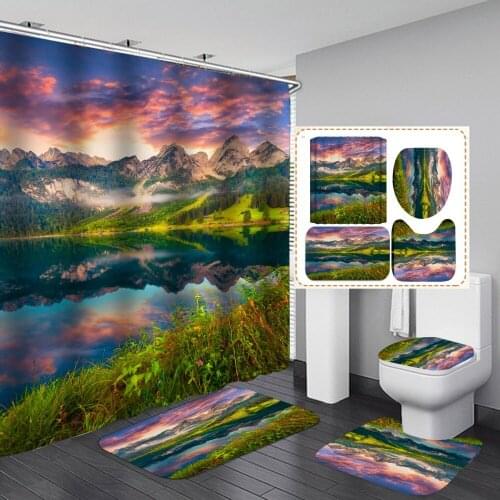 Beautiful Scenery 3D Shower Curtain Nature Pattern Printed Carpet Mat Toilet Lid Cover Hanging Screen Decoration with Hooks Set