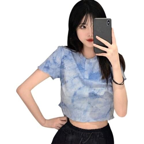Women Tie Dye Print Short Style T-shirt For Summer O Neck Short Sleeve Harajuku Tee Top Streetwear