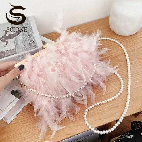 Female Turkey Feather Evening Bag Women Chain Pearl Clutch Party Wedding Should Crossbody Bags Pink White Small Bag Purse XA303