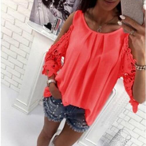 2020 Summer Tops Women Flare Sleeve Casual Loose Tee Shirts Sexy Off Shoulder Strap Lace Splice T Shirt Large Size S-XXL