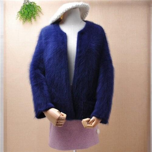 Knitwear inside female women short style mink cashmere knitted blue loose cardigans mantle angora fur jacket winter coat sweater