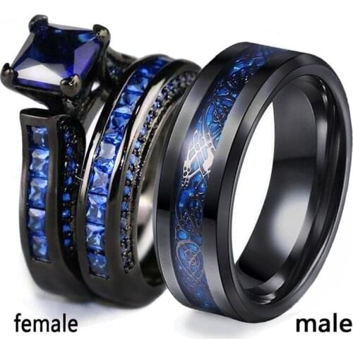 Carofeez Luxury Couple Ring Fashion 8MM Stainless Steel Men Ring and Blue Rhinestones Zircon Women Rings Set Bride Wedding Band