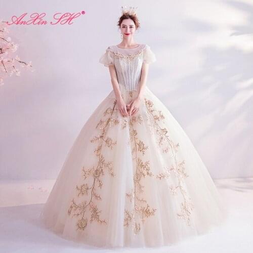 AXJFU vintage princess beading Pearl sparkle French Style Sexy o neck bubble sleeve embroidery flower lace Wedding Dress 290