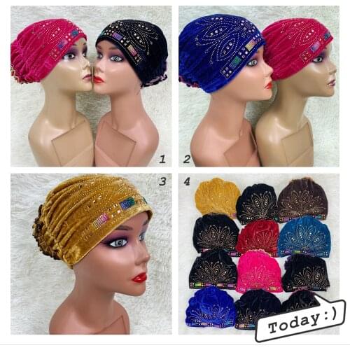 12pcs/1 dozen African Turban Caps Velvet Stones Women Hijab Bonnet Muslim Hat Islamic Head Wrap Headwear Nigeria Wedding Gele