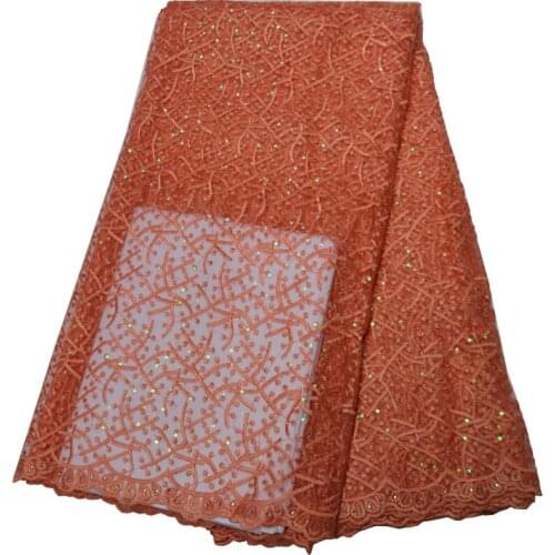 5yards/pc) peach African French net lace fabric with delicate embroidery and stones newest design for party dress FLP230