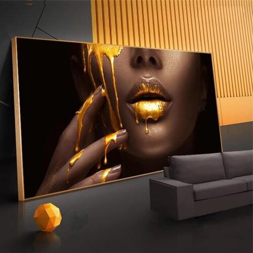 African Black Woman Sexy Gold Lip Canvas Painting Light Luxury Poster and Prints Art Wall Picture for Living Room Home Decor