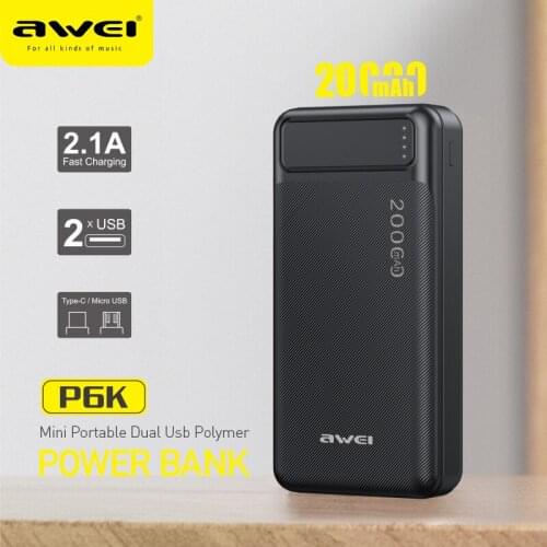 AWEI P6K 20000mAh Portable Power Bank Dual Type A USB A and Type c Micro Dual input Fast Charge For Work Travel For Mobile Phone