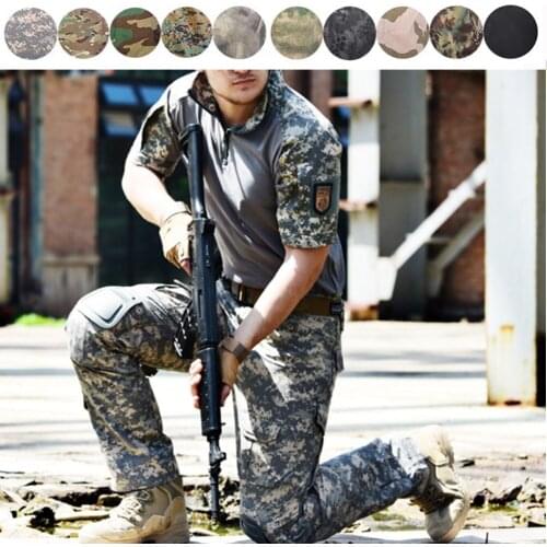 Short Sleeve Tactical Combat Uniform Airsoft T Shirt + Cargo Pants with Knee Pads Military Army Hunting Camo Clothes