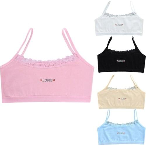 Teenager Girls Cotton Training Bra Student Love Letters Strawberry Print Underwear Sling Vest Summer Breathable Lace Trim Tank