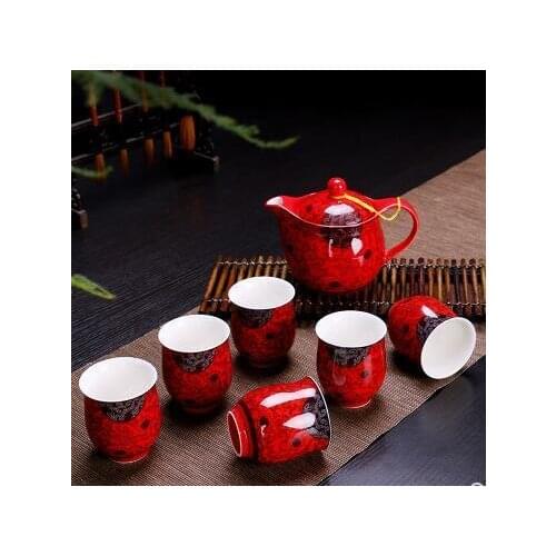 Chinese wedding dowry red marry celebration new tea cup suit pot tea set kettle kung fu ceramic teapot tray teaset gift
