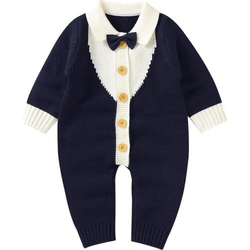 New Baby Boy Autumn Jumpsuit, Splicing Color Lapel Long Sleeve Knitted Rompers with Buttons for Toddlers, 0-18 Months, 4 Colors