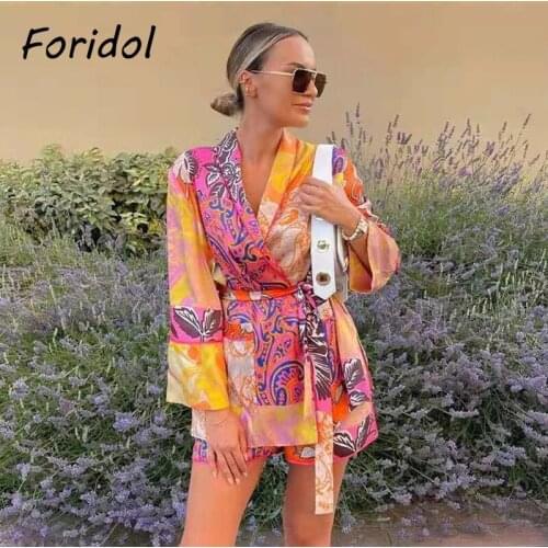 Foridol Two Pieces Shorts Dress Set Orange Sash Oversized Loose Sets Shirts Dress Shorts Floral Print Boho Dress Set autumn