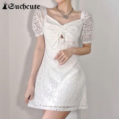 SUCHCUTE Square Collar Lace Up Mini Dress Summer Short Sleeve Casual A-Line Dress Summer Vintage Solid White Y2K Sweet Dress