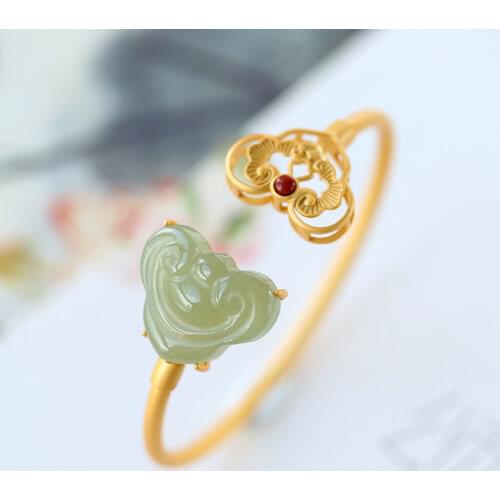 Hetian Jade Bracelet Female Duck Egg Ruyi Ancient Style Open Jade Bracelets Silver Gilding for Teachers Mother Gift Jewelry