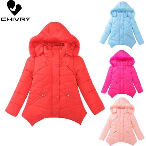 New 2020 Childrens Parka Winter Warm Down Jackets Kids Girls Solid Fur Collar Hooded Cotton-padded Long Coat Thicken Outerwear