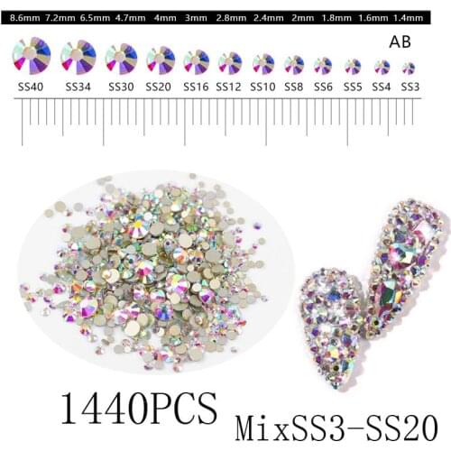 Swarovsky Non HotFix Rhinestones 1440pcs Mix Size High Quality Shiny Crystal AB Crystal Strass Stone For Nail Rhinestones Decora