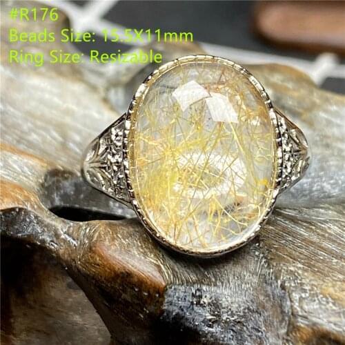 Top Natural Gold Rutilated Quartz Ring For Woman ManCrystal Healing Silver Beads Wealth Gemstone Adjustable Jewelry Ring AAAAA