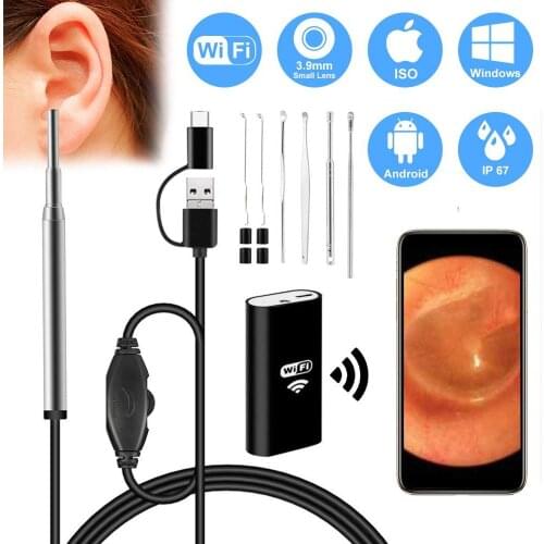 WiFi 3.9mm Ear Endoscope 3 in 1 Borescope 720P Waterproof Inspection Camera Ear Wax Remover Tool 6 LED for Android ios Phone