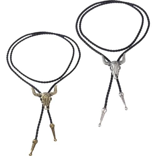 Western Texas Longhorn Buffalo Steer Cow Skull Leather Rodeo Bolo Tie Necktie for Men