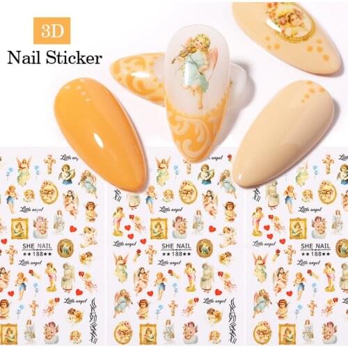 1 Pcs Nail Art Stickers Cupid Little Angel Design Adhesive Nail Art Decorations Vintage Rose Flowers Letters Pattern Nail Decals