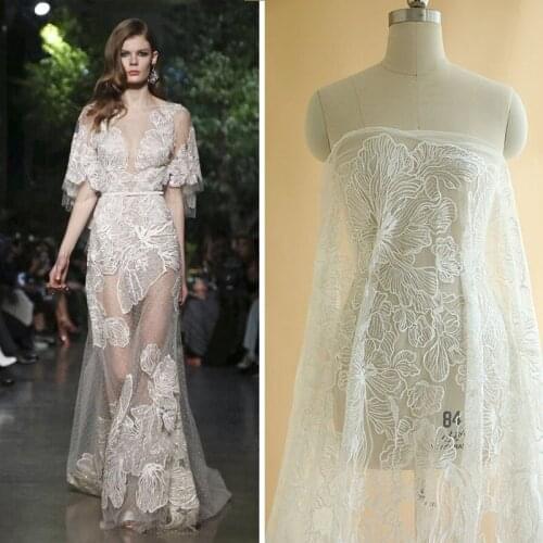 1 Yard Sequin Floral Mesh Embroidery Lace Fabric for skirt cloth sewing Bridal DIY wedding dress dancer clothing 130cm wide