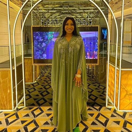 African Dress Dashiki Beading Chiffon Bat Sleeve Arab Jilbab Abaya Diamonds Maxi Robe For Women Loose Plus Size Traditional New