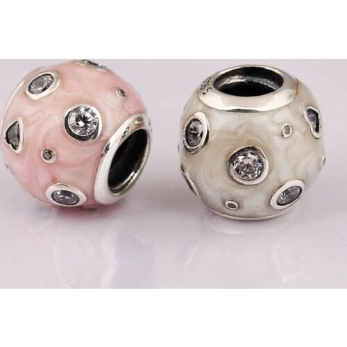 Authentic S925 Beads Pearlescent Pink White Dreams Charm for Women Bracelet Bangle DIY Jewelry Heart Clear CZ