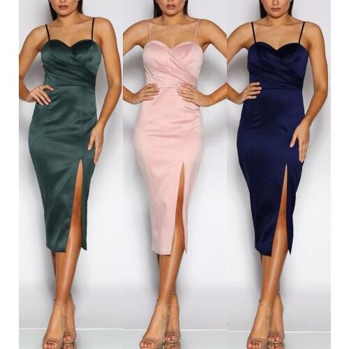 Elegant Sweetheart Black Evening Dresses with Slit Bodycon Tea Length Zipper Back Satin Pink Formal Party Dress for Women