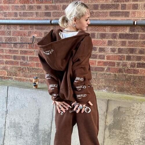 Brown Zip Hoodie Womens Gothic Letter Print Casual Punk Style y2k Oversized Sweatshirt womens winter tops streetwear women