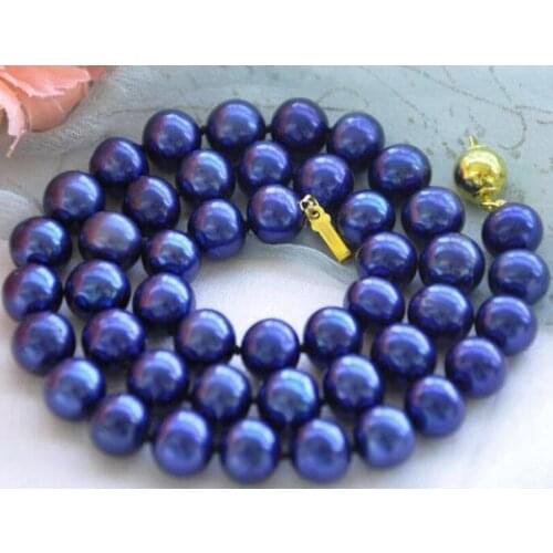 Beautiful 10 mm Dark Blue Shell Pearl Round Beads Hand Knotted Necklace 18" 36"AAA