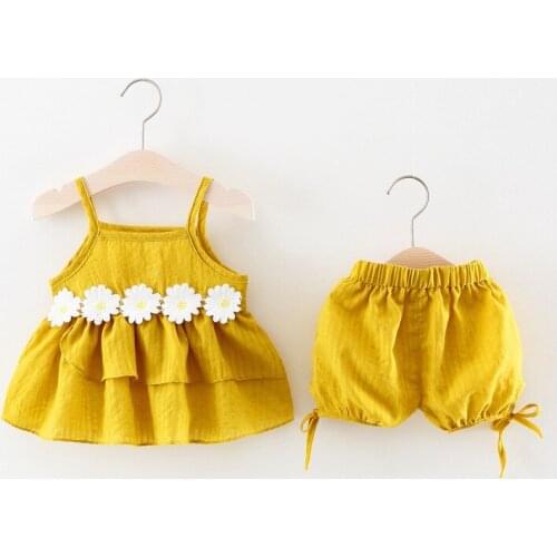Summer Baby Clothes 2pcs Sets Baby Girl Clothes Sets Solid Flower Strap Dress+short Pants Breathable Soft Baby Clothing 0-18M
