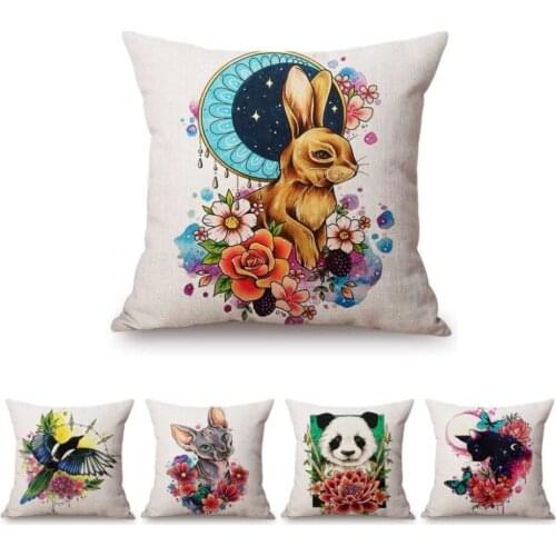 Cute Woodland Animals Floral Bunny Rabbit Birds Panda Kid Room Decoration Sofa Throw Pillow Case Cotton Linen Baby Cushion Cover