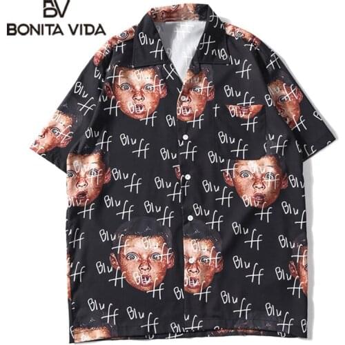 Bonita Vida Bluff Boy Full Printing Hip Hop Beach Shirt Men Summer Hawaiian Short Sleeve Mens Shirts Streetwear