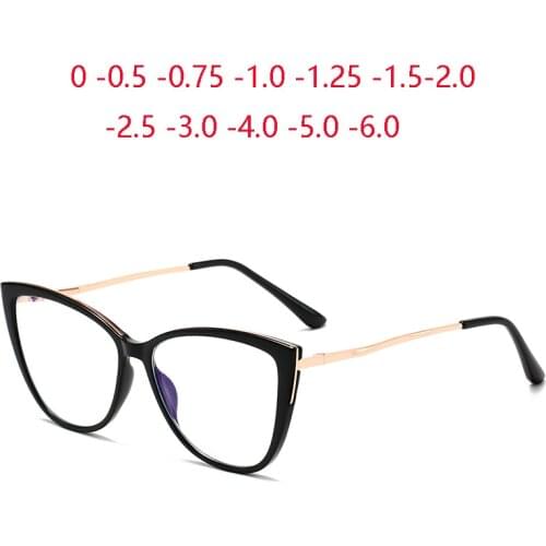 0 -0.5 -0.75 To -6.0 Blue Light Blocking Cat Eye Prescription Glasses For The Nearsighted Women Men TR90 Myopia Frame Diopter