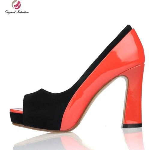 Original Intention Popular Women Pumps Patchwork Peep Toe Square Heels Pumps Red Beige Stylish Shoes Woman US Size 4-10.5