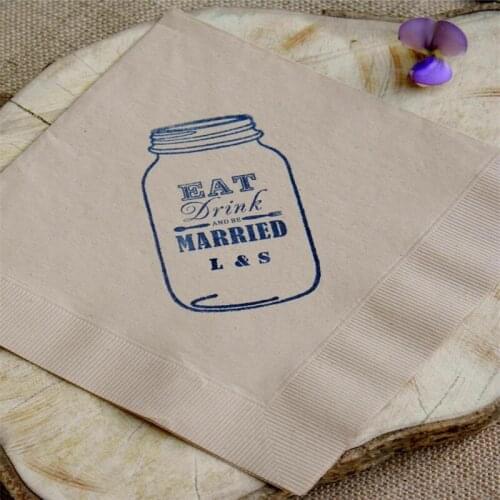Personalized Luncheon Napkins Eat Drink and Be Married Mason Jar Light Burlap Kraft 3 Ply Paper Wedding Dinner in Navy ink