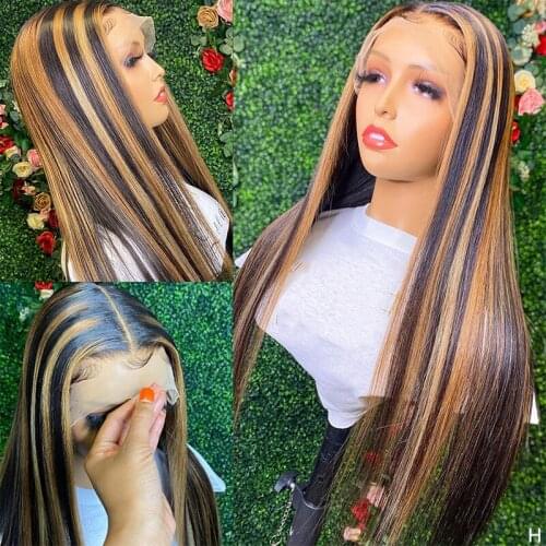 Straight Lace Front Human Hair Wigs Honey Blonde Ombre Highlight Lace Closure Wig For Women Peruvian Remy T Part Lace Wig 180