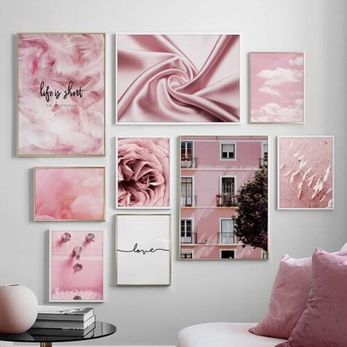 Pink Feather Peony Sky Silk Landscape Wall Art Canvas Painting Nordic Posters And Prints Wall Pictures For Living Room Decor