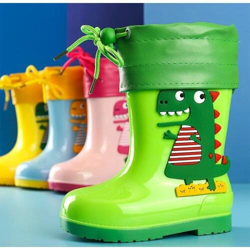 Rain Boots Kids Winter Girl Cute 3D Dinosaur Childrens Boys Boots Plush Warm Ankle PVC Waterproof Toddler Water Shoes Rainboots