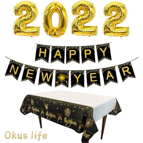 New 20pcs 2022 Happy New Year Aluminum Film Balloon Flag Pulling Tablecloth New Year Black Gold Carnival Party Set