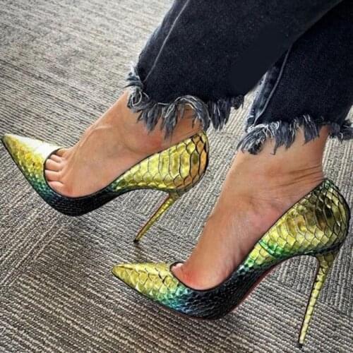 Sexy Python Gradient Color Shoes 12CM Stiletto Heels Party Dress Shoes Gold Snakeskin Leather Pointed Toe Banquet Pumps
