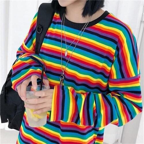 Sweet Rainbow Stripe Women Summer T-Shirt Minimalist Long Sleeve Women Clothes Vogue Tops Tee Shirt Couple Clothes