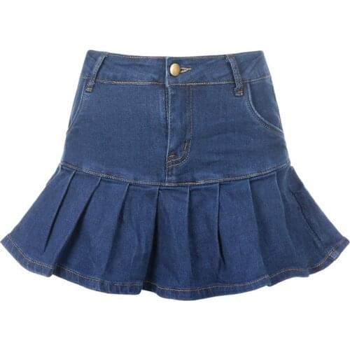 Women Stylish Solid Color High Waist Ruffle Mini Pleated Denim Skirt Streetwear