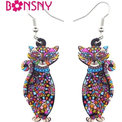 Bonsny Statement Standing Floral Cat Kitten Acrylic Earrings Big Long Drop Dangle Animal Novelty Jewelry For Girls Women Ladies
