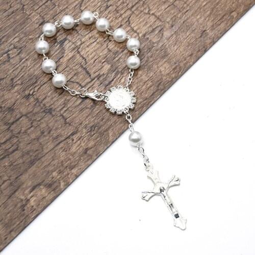 Womens Religious Jewelry White Simulated Pearl Beads Rosary Bracelet Prayer Virgin Our Lady of Guadalupe Christ Cross Bracelets