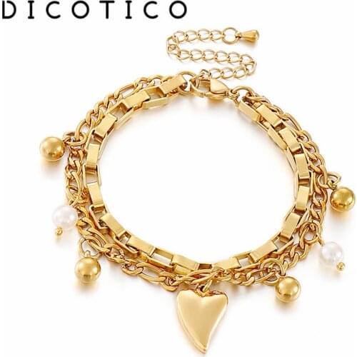 Double Chain Wrist Charm Bracelet For Women Imitation Pearl Beads Stainless Steel Ball Heart Pulseras Jewelry Wholesale Items