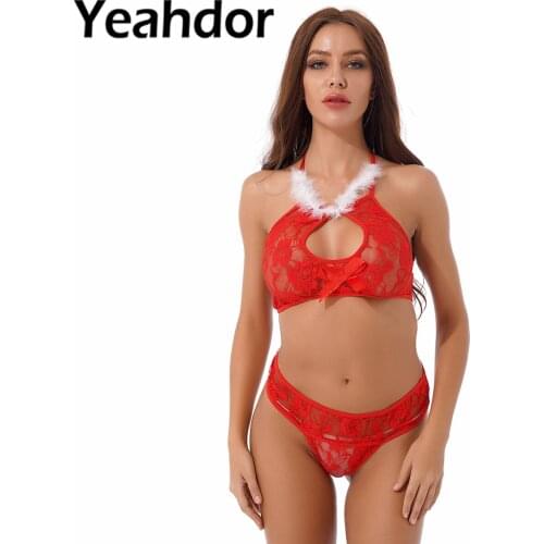Women See-through Lace Christmas Costume Sexy Lingerie Set Sleepwear Faux Fur Halter Neck Lace-up Keyhole Bra Top with T-back