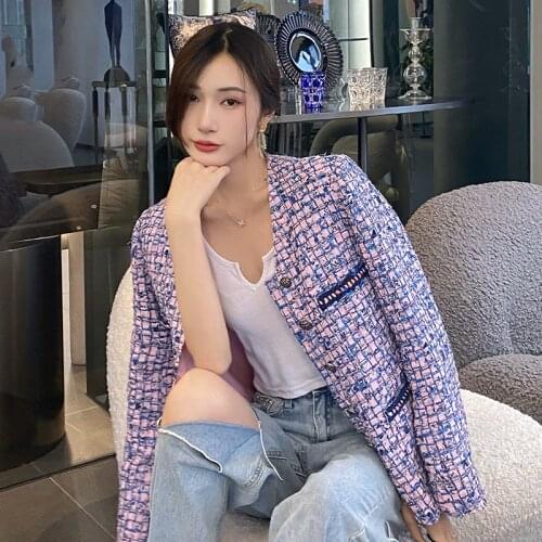 Runway Fashion Purple Tweed Woven Plaid V-Neck Long Sleeve Slim Jacket Women Fall Winter Luxury Deigner Coat Top Vestido 2021