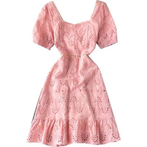 2021 Summer Sweet Dress Wild Square Neck Embroidery Hollow Short-sleeved Ruffled Slim Fit Hip Dress