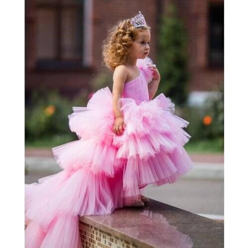 Children Girls High Low Pink Tulld Dresses Gilrls Kids Pink Firt Communion Dresses High Low Girls Dresses Birthday Party Custom